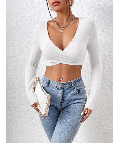 Women's Deep V Neck Long Sleeve Slim Fitted Tee Crop Top T Shirt White $10.59 T-Shirts