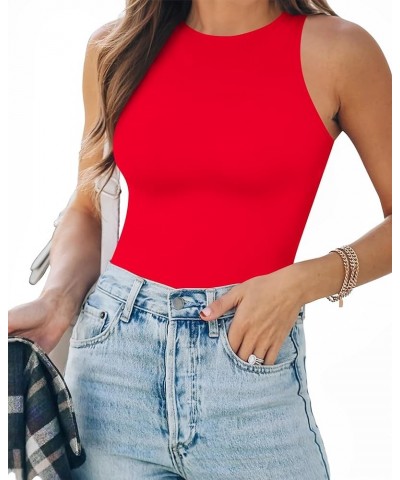 Tank Top Body Suits Women Sexy Crew Neck Racerback Halter Ribbed Sleeveless Bodysuit for Women Sleeveless Red $13.99 Bodysuits