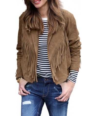 Women's Faux Suede Tassel Cropped Jacket Casual Long Sleeve Open Front Fringe Motorcycle Biker Jacket Coat Tops Brown $21.11 ...