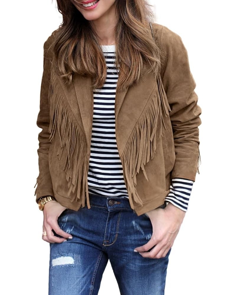 Women's Faux Suede Tassel Cropped Jacket Casual Long Sleeve Open Front Fringe Motorcycle Biker Jacket Coat Tops Brown $21.11 ...