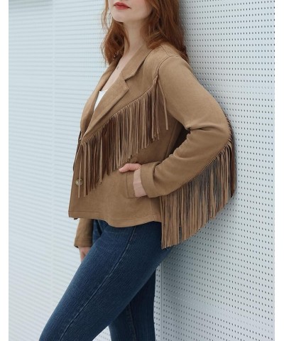 Women's Faux Suede Tassel Cropped Jacket Casual Long Sleeve Open Front Fringe Motorcycle Biker Jacket Coat Tops Brown $21.11 ...