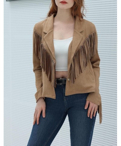 Women's Faux Suede Tassel Cropped Jacket Casual Long Sleeve Open Front Fringe Motorcycle Biker Jacket Coat Tops Brown $21.11 ...