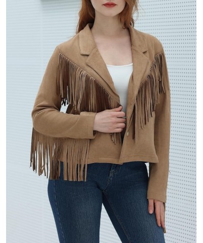 Women's Faux Suede Tassel Cropped Jacket Casual Long Sleeve Open Front Fringe Motorcycle Biker Jacket Coat Tops Brown $21.11 ...