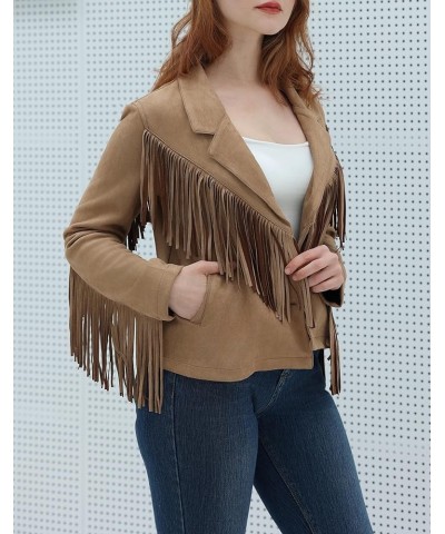 Women's Faux Suede Tassel Cropped Jacket Casual Long Sleeve Open Front Fringe Motorcycle Biker Jacket Coat Tops Brown $21.11 ...