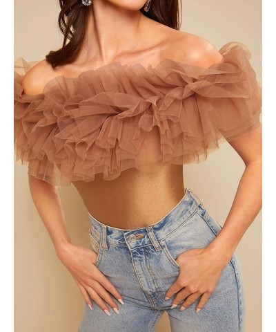 Women's Off Shoulder Tiered Layering Ruffle Mesh Short Sleeve Bodysuit Apricot $14.62 Bodysuits