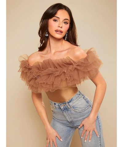 Women's Off Shoulder Tiered Layering Ruffle Mesh Short Sleeve Bodysuit Apricot $14.62 Bodysuits