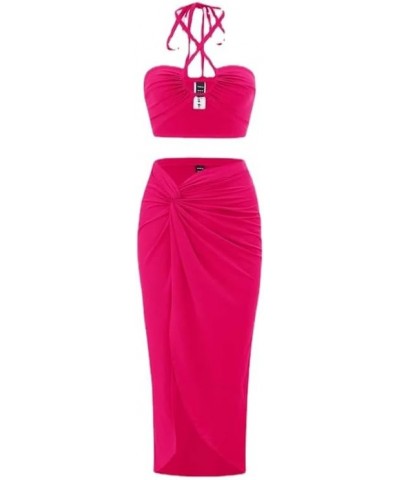 Women's Summer Y2K Sleeveless Halter Halter Crop Top 2-Piece Sheath Floor-Length Dress 2-Piece Elegant Party Club Pink $17.58...