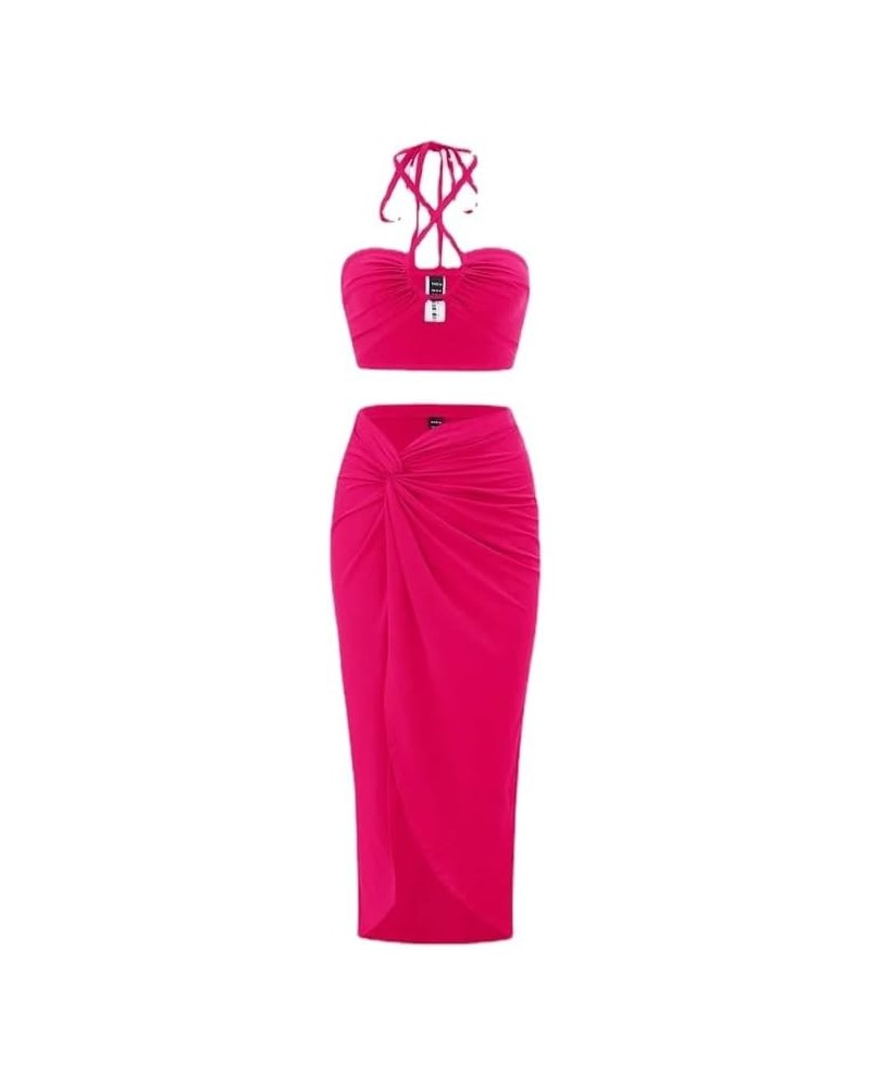 Women's Summer Y2K Sleeveless Halter Halter Crop Top 2-Piece Sheath Floor-Length Dress 2-Piece Elegant Party Club Pink $17.58...