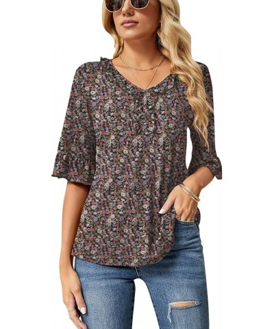 Women's Casual V Neck T Shirts Loose Summer 3/4 Bell Sleeve/Puff Long Sleeve Tops Ruffle Tunic Blouses Army Green Floral Prin...