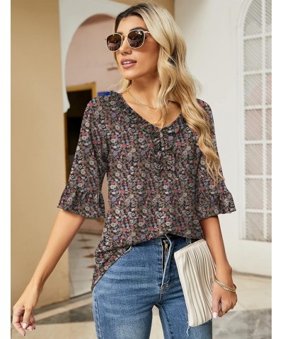 Women's Casual V Neck T Shirts Loose Summer 3/4 Bell Sleeve/Puff Long Sleeve Tops Ruffle Tunic Blouses Army Green Floral Prin...