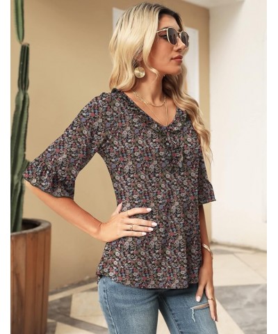 Women's Casual V Neck T Shirts Loose Summer 3/4 Bell Sleeve/Puff Long Sleeve Tops Ruffle Tunic Blouses Army Green Floral Prin...