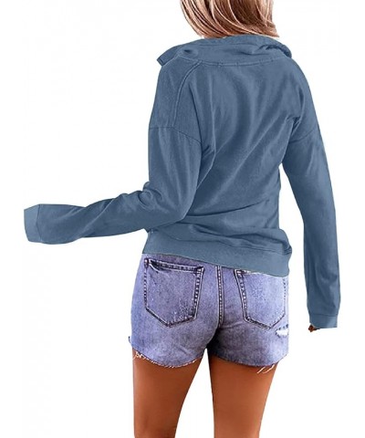 Women's Long Sleeve Lapel Zipper Sweatshirt Casual Solid Pullover Loose Lightweight Tops with Pocket Blue $12.99 Hoodies & Sw...