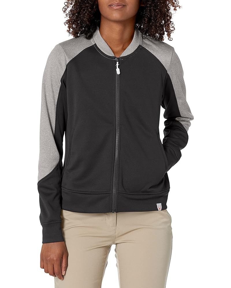 Women's Pop Fly Colorblock Heathered Fleece Full Zip Bomber Jacket Black $9.60 Jackets