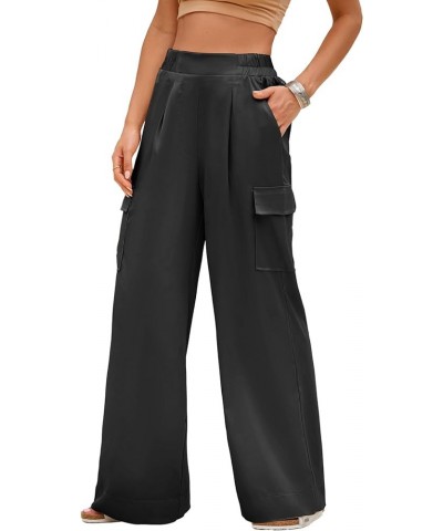 Casual Wide Leg Pants 2024 Spring Summer High Waisted Pants Baggy Comfy Satin Trousers 4 Pockets Black $17.16 Pants