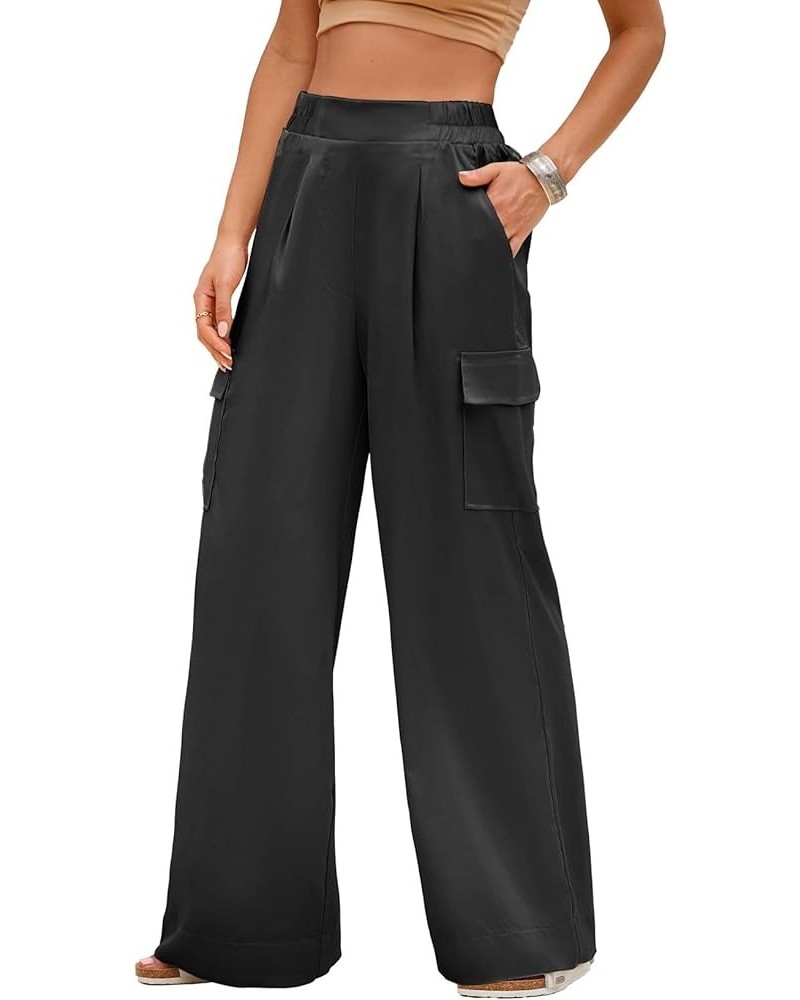 Casual Wide Leg Pants 2024 Spring Summer High Waisted Pants Baggy Comfy Satin Trousers 4 Pockets Black $17.16 Pants