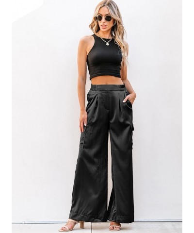 Casual Wide Leg Pants 2024 Spring Summer High Waisted Pants Baggy Comfy Satin Trousers 4 Pockets Black $17.16 Pants