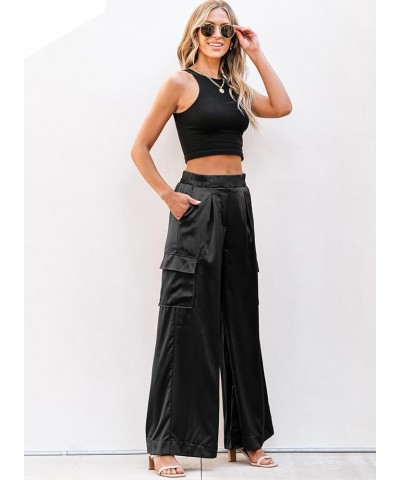 Casual Wide Leg Pants 2024 Spring Summer High Waisted Pants Baggy Comfy Satin Trousers 4 Pockets Black $17.16 Pants