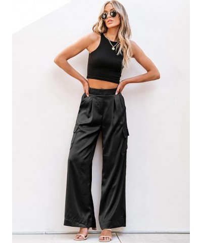 Casual Wide Leg Pants 2024 Spring Summer High Waisted Pants Baggy Comfy Satin Trousers 4 Pockets Black $17.16 Pants