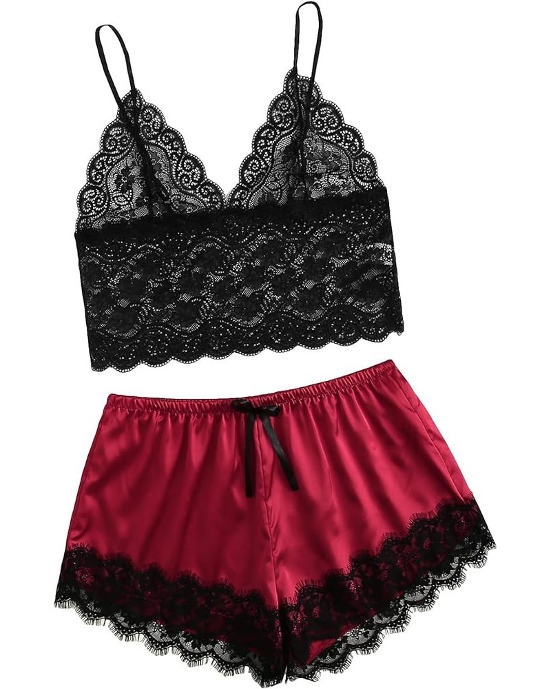 Women's Plus Size Satin Pajama Set Sleepwear Pjs Nightwear Sexy Lingerie Cami Shorts Set Black and Red $14.27 Sleep & Lounge