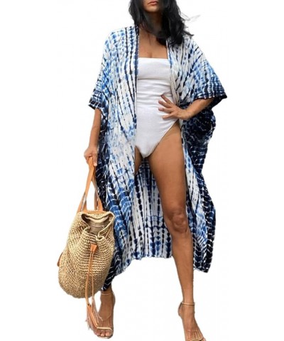 Womens Open Front Bathing Suit Cover Up Long Tie-dye Kimono Cardigan with Belt Blue on White $17.97 Swimsuits