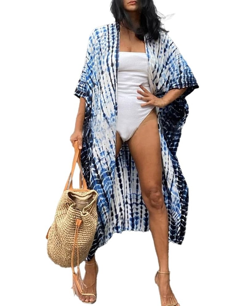 Womens Open Front Bathing Suit Cover Up Long Tie-dye Kimono Cardigan with Belt Blue on White $17.97 Swimsuits