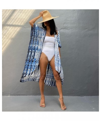 Womens Open Front Bathing Suit Cover Up Long Tie-dye Kimono Cardigan with Belt Blue on White $17.97 Swimsuits