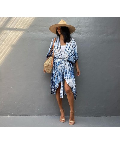 Womens Open Front Bathing Suit Cover Up Long Tie-dye Kimono Cardigan with Belt Blue on White $17.97 Swimsuits