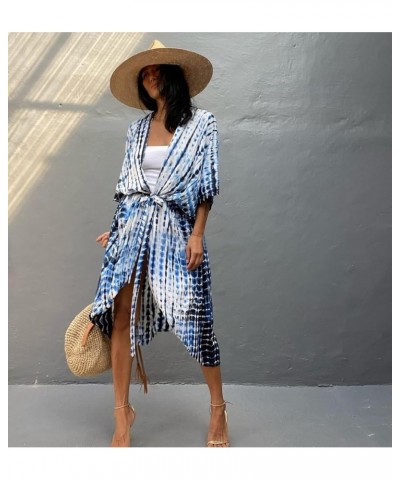 Womens Open Front Bathing Suit Cover Up Long Tie-dye Kimono Cardigan with Belt Blue on White $17.97 Swimsuits