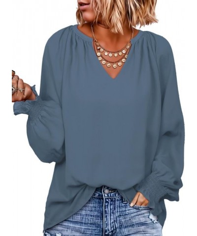 Womens Casual V Neck Loose Long Sleeve Chiffon Blouse Shirt Pleated Flowy Tunic Tops N Light Blue $16.89 Blouses