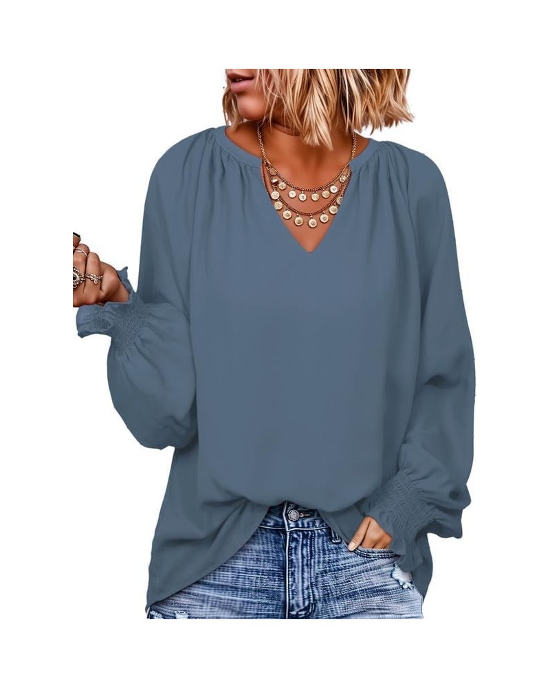 Womens Casual V Neck Loose Long Sleeve Chiffon Blouse Shirt Pleated Flowy Tunic Tops N Light Blue $16.89 Blouses