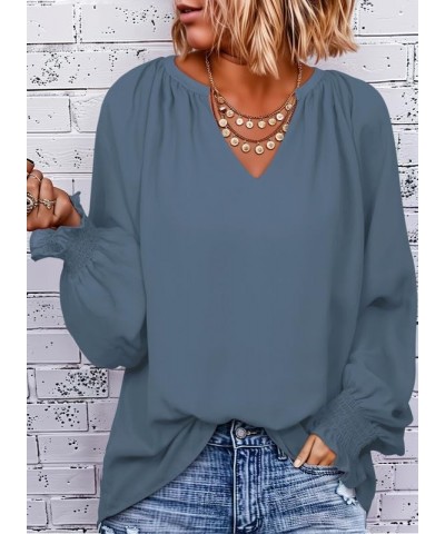 Womens Casual V Neck Loose Long Sleeve Chiffon Blouse Shirt Pleated Flowy Tunic Tops N Light Blue $16.89 Blouses