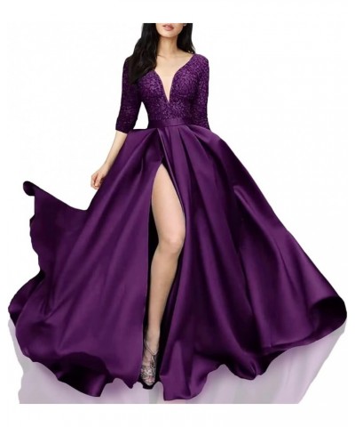 V Neck Prom Dresses Long for Women Satin Long Gown with Pocket 3/4 Sleeves Lace Formal Evening Party Gowns with Slit Grape $3...