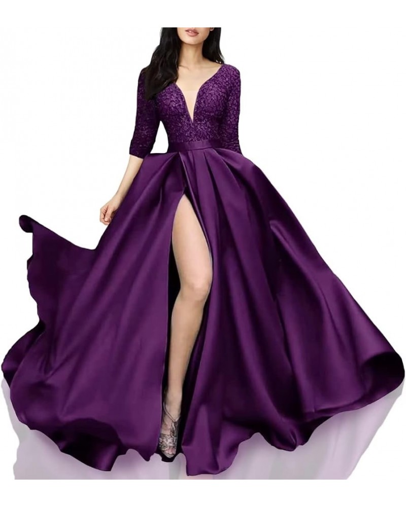 V Neck Prom Dresses Long for Women Satin Long Gown with Pocket 3/4 Sleeves Lace Formal Evening Party Gowns with Slit Grape $3...