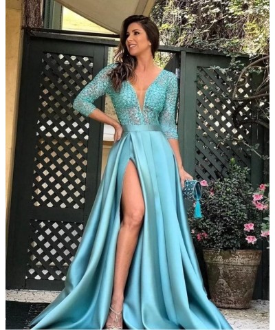 V Neck Prom Dresses Long for Women Satin Long Gown with Pocket 3/4 Sleeves Lace Formal Evening Party Gowns with Slit Grape $3...