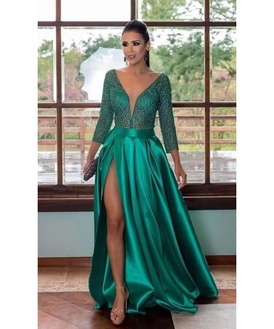 V Neck Prom Dresses Long for Women Satin Long Gown with Pocket 3/4 Sleeves Lace Formal Evening Party Gowns with Slit Grape $3...