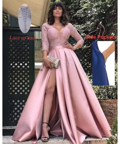 V Neck Prom Dresses Long for Women Satin Long Gown with Pocket 3/4 Sleeves Lace Formal Evening Party Gowns with Slit Grape $3...