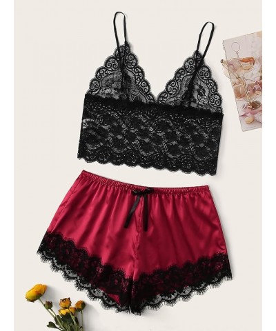 Women's Plus Size Satin Pajama Set Sleepwear Pjs Nightwear Sexy Lingerie Cami Shorts Set Black and Red $14.27 Sleep & Lounge