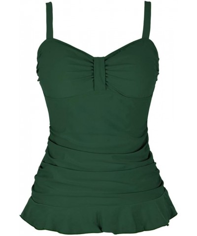 Women's 50's Retro Ruched Tankini Swimsuit Top with Ruffle Hem Green $14.40 Swimsuits