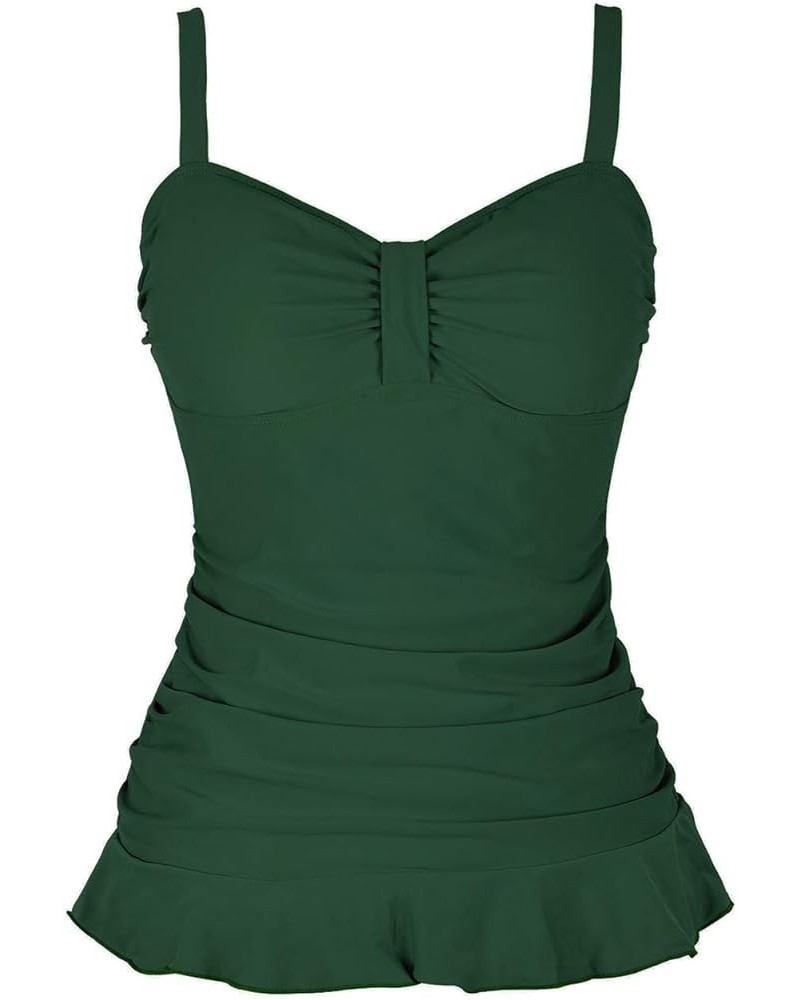 Women's 50's Retro Ruched Tankini Swimsuit Top with Ruffle Hem Green $14.40 Swimsuits