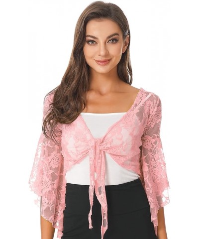 Women's 3/4 Flare Sleeve Lace Bolero Shrugs Gypsy Style Cardigan Crochet Crop Top Lace-up Pink $11.25 Sweaters