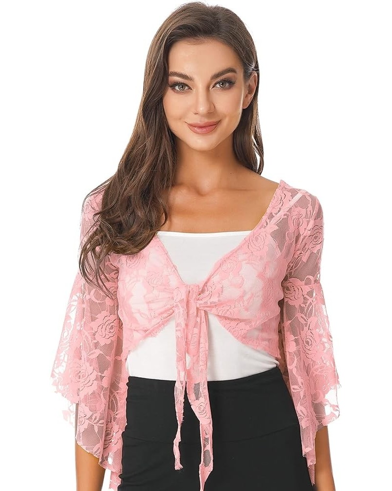 Women's 3/4 Flare Sleeve Lace Bolero Shrugs Gypsy Style Cardigan Crochet Crop Top Lace-up Pink $11.25 Sweaters