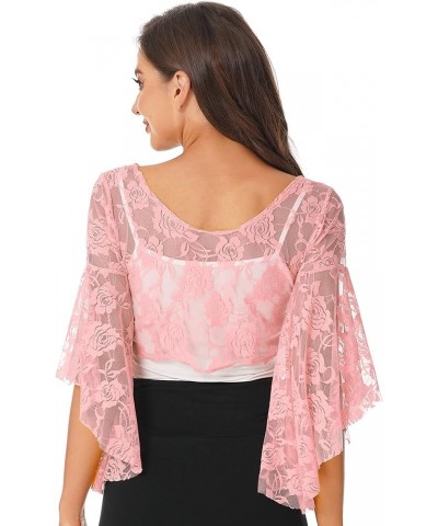 Women's 3/4 Flare Sleeve Lace Bolero Shrugs Gypsy Style Cardigan Crochet Crop Top Lace-up Pink $11.25 Sweaters