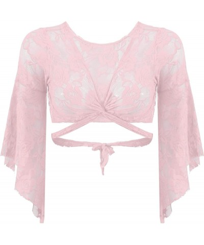 Women's 3/4 Flare Sleeve Lace Bolero Shrugs Gypsy Style Cardigan Crochet Crop Top Lace-up Pink $11.25 Sweaters