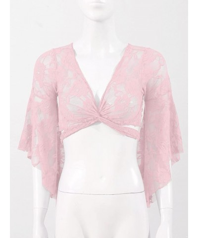 Women's 3/4 Flare Sleeve Lace Bolero Shrugs Gypsy Style Cardigan Crochet Crop Top Lace-up Pink $11.25 Sweaters