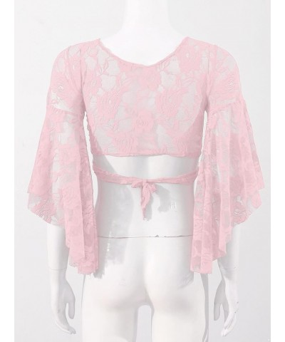 Women's 3/4 Flare Sleeve Lace Bolero Shrugs Gypsy Style Cardigan Crochet Crop Top Lace-up Pink $11.25 Sweaters