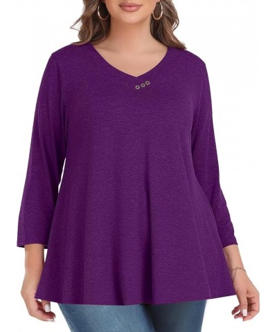 Womens Plus Size 3/4 Sleeve V Neck Button Casual Loose Flowy Swing Tunic Tops Basic Tee Shirts for Leggings D-darkpurple $12....