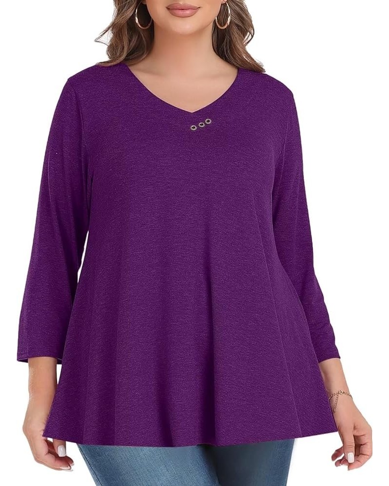 Womens Plus Size 3/4 Sleeve V Neck Button Casual Loose Flowy Swing Tunic Tops Basic Tee Shirts for Leggings D-darkpurple $12....