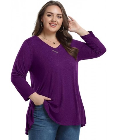 Womens Plus Size 3/4 Sleeve V Neck Button Casual Loose Flowy Swing Tunic Tops Basic Tee Shirts for Leggings D-darkpurple $12....