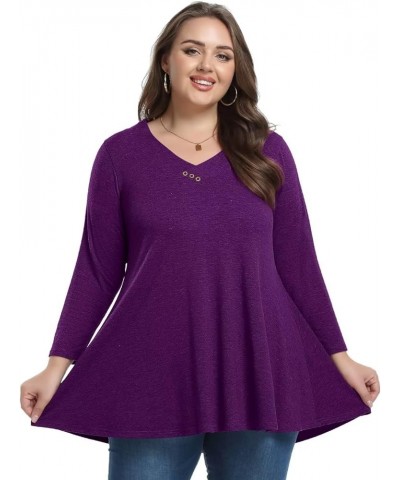 Womens Plus Size 3/4 Sleeve V Neck Button Casual Loose Flowy Swing Tunic Tops Basic Tee Shirts for Leggings D-darkpurple $12....