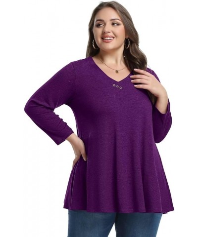 Womens Plus Size 3/4 Sleeve V Neck Button Casual Loose Flowy Swing Tunic Tops Basic Tee Shirts for Leggings D-darkpurple $12....